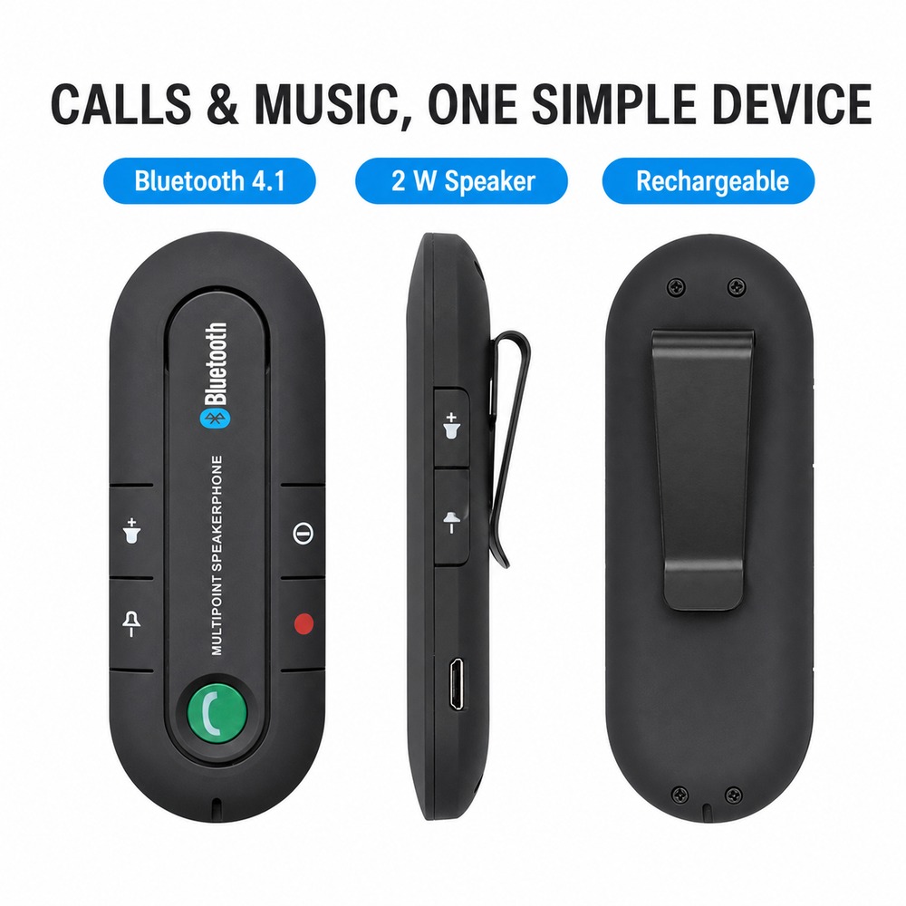 Audio Music Car - ลำโพงบลูทูธ 4.1 สำหรับรถยนต์ พร้อมคลิปหนีบที่บังแดด รองรับการโทรแบบแฮนด์ฟรี แบตเตอรี่ชาร์จซ้ำได้